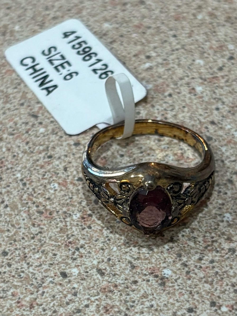 Gold-Tone Purple Stone Filigree Ring - Size 6